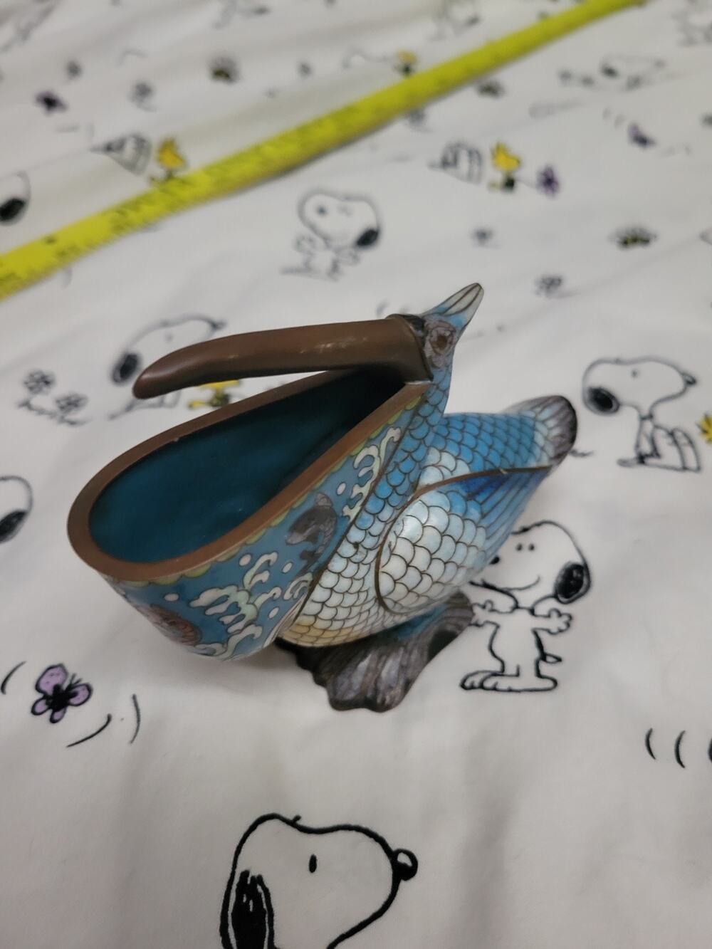 Beautiful Chinese Brass Cloisonné Blue Pelican Figurine Miniature Vase Vintage